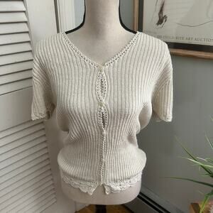 Vintage DRESSBARN Sweater Womens XL Beige Ribbed Knit Retro Y2K Dainty Cottage